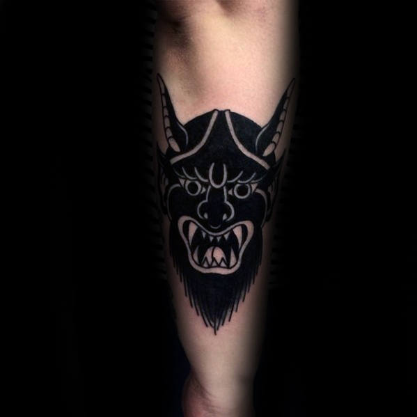 Blackwork Traditional Devil Mens Outer Forearm Tattoo