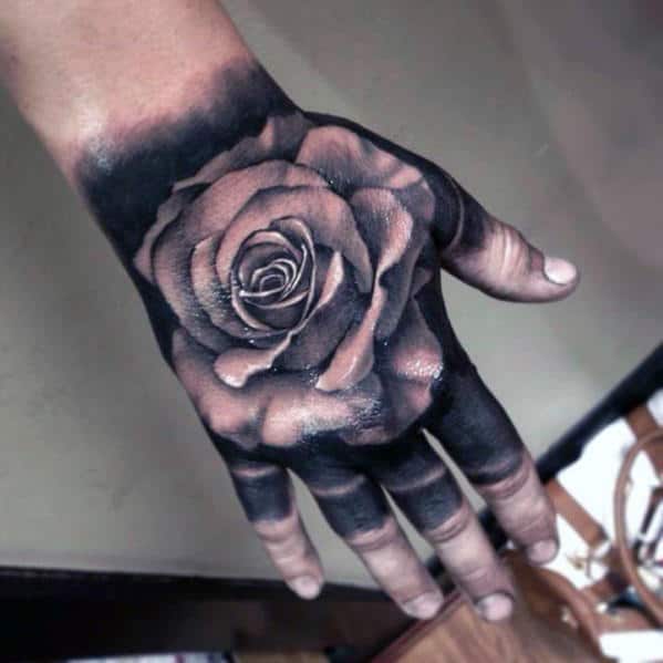 Blackwork With White Rose Flower 3d Hand Tattoos For Men
