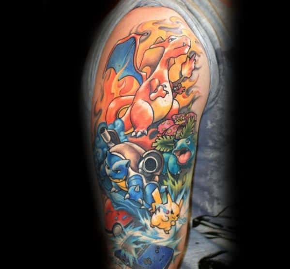 Colorful full-sleeve Pokémon tattoo featuring Charizard, Blastoise, Pikachu, and Venusaur in an action-packed, fiery and watery scene.
