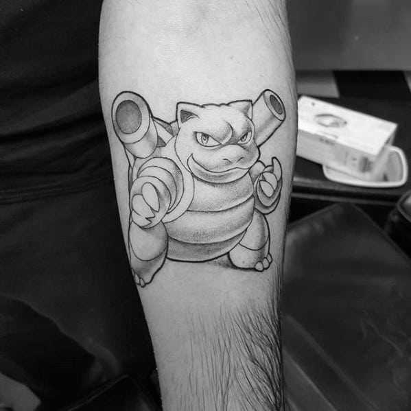 Black and grey Blastoise tattoo with bold shading and a tough expression, giving a classic and powerful monochrome look.