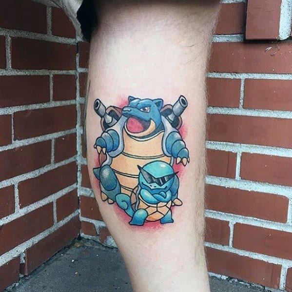 Blastoise and Wartortle tattoo on the calf, featuring bold outlines, a red background glow, and a fierce water-type duo stance.