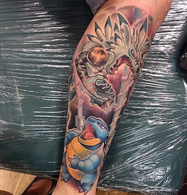 Striking leg tattoo of Blastoise facing a dark dragon-like creature, with lightning effects and a dramatic contrast in color styles.