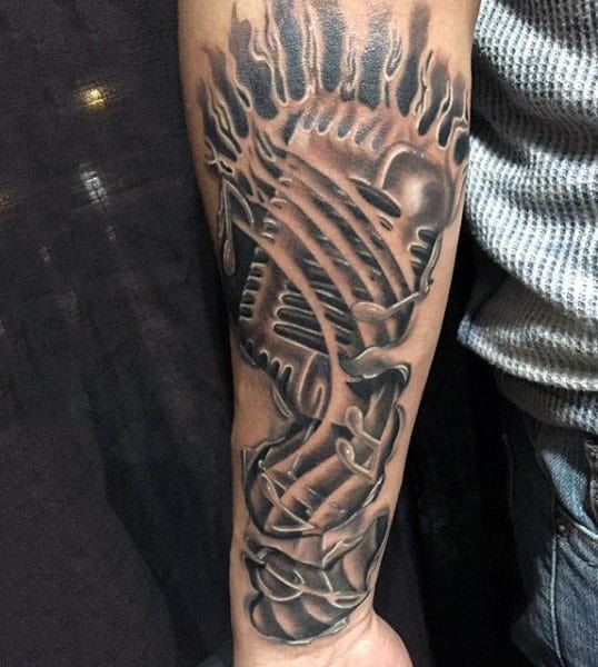 Blazing Grey Microphone Tattoo Mens Forearm
