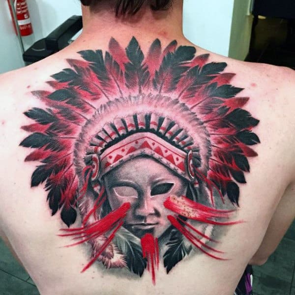 Blazing Red And Black Indian Feather Tattoo On Back For Males