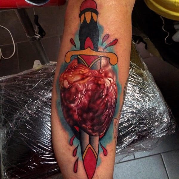 Bleeding Red Heart And Dagger Tattoo Male Forearms