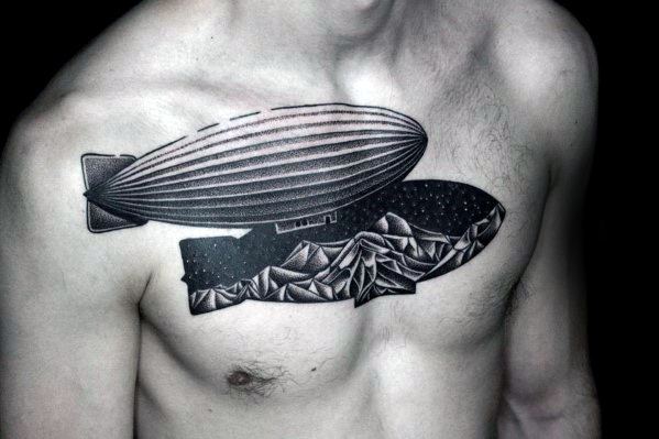 Blimp Mountains Landscape Unique Chest Tattoo Designs For Men