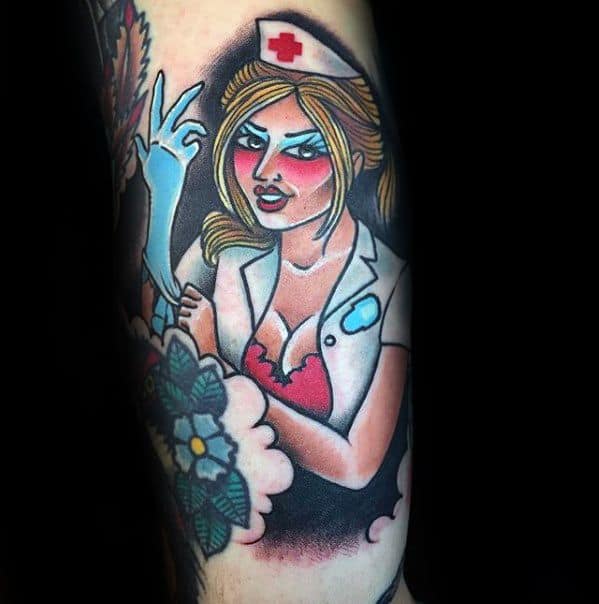Nurse-themed tattoo featuring a woman in a white nurse outfit, blue gloves, and vibrant flowers, with bold colors and expressive facial features.