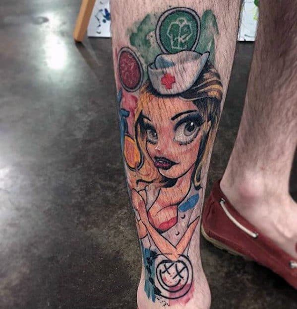 Tattoo featuring a vintage nurse with a playful, cartoonish style, surrounded by Blink-182 icons, vibrant colors, and a bold, expressive look.