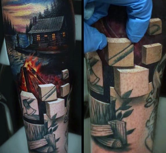 Blocks With Cabin In The Woods Mens 3d Forear Sleeve Tattoo