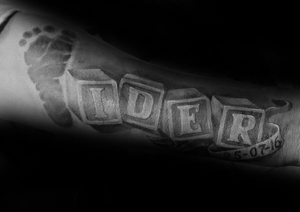 blocks with footprint kids name 3d mens outer forearm tattoo designs