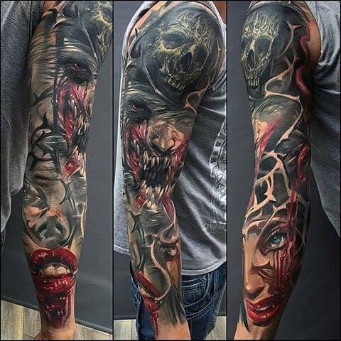 Blood Violence Sick Male Sleeve Tattoo