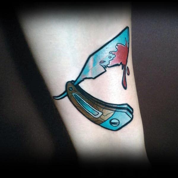 Bloodied Light Blue Straight Razor Tattoo