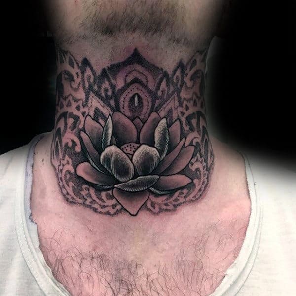 Blooming Lotus Tattoo Male Neck Dotwork