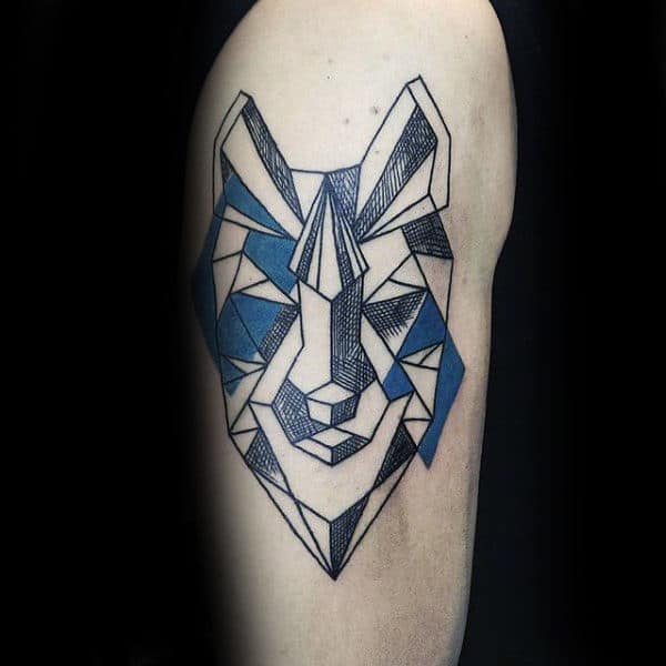 Blue And Black Ink Geometric Wolf Mens Arm Tattoo