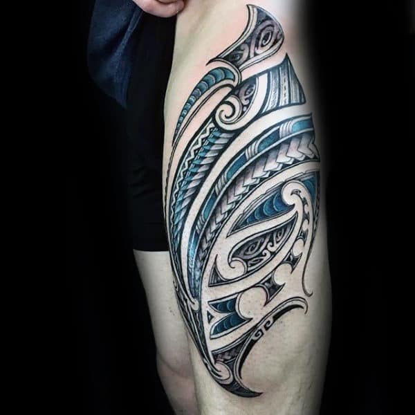 Blue And Black Ink Male Tribal Thigh Tattoo Designs