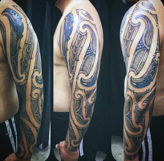 Blue And Black Ink Maori Full Sleeve Guys Tattoos