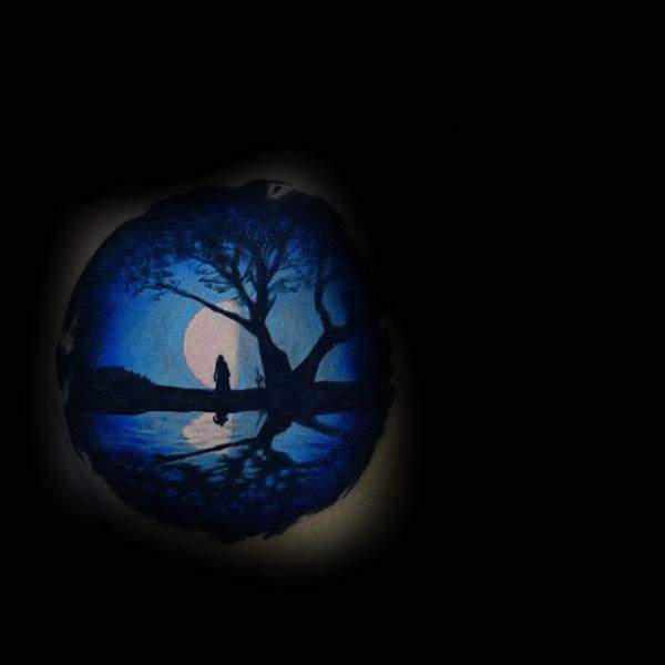 Blue And Black Ink Silhouette Tree Sky Moon Scene Tattoo