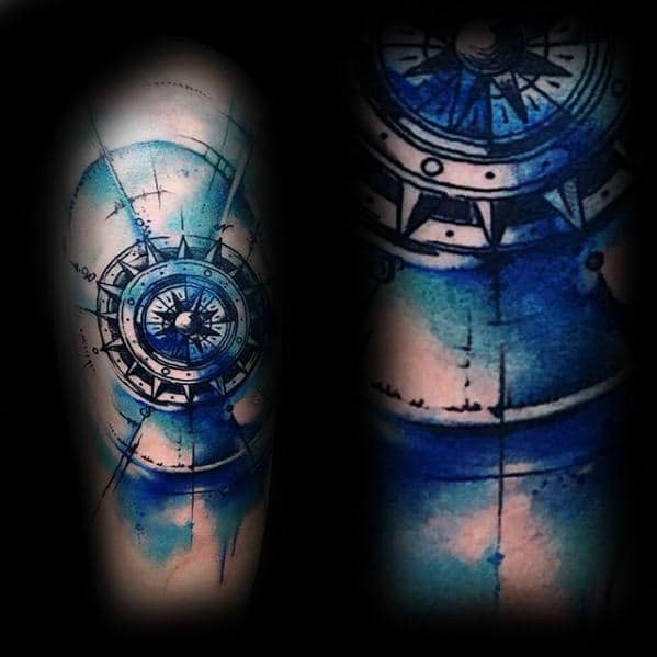 Blue And Black Ink Watercolor Compass Male Arm Tattoos