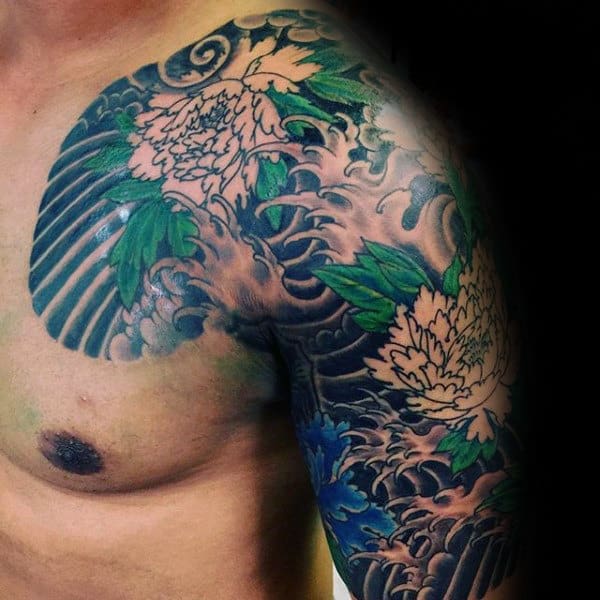 Blue And Greeen Peony Mens Half Sleeve Japanese Tattoo Design Ideas