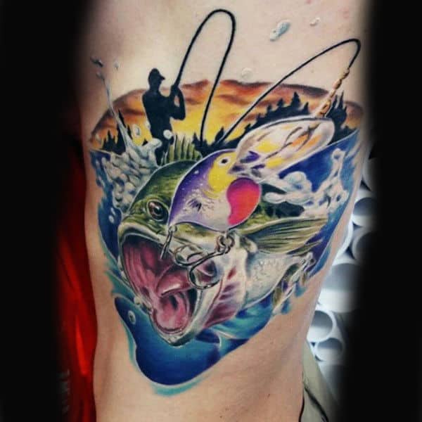Blue And Green Vibrant Bass Man Fishing Tattoo