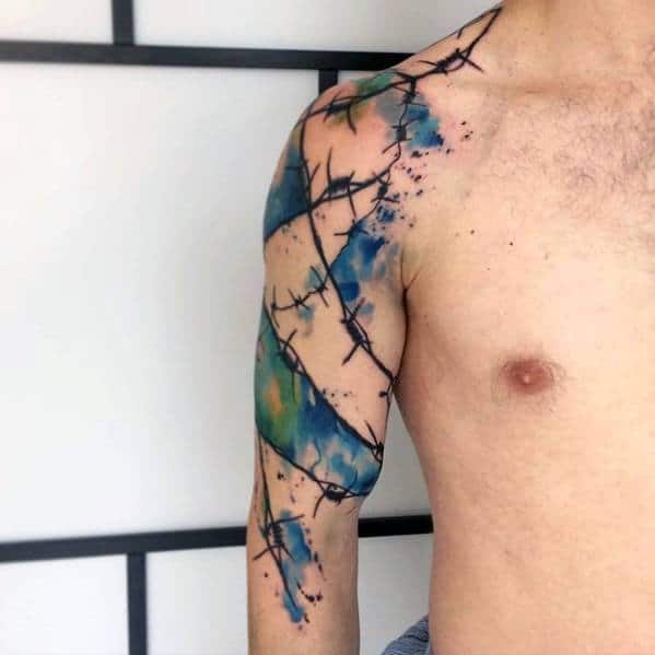 Blue And Green Watercolor Artsy Arm Tattoos For Guys
