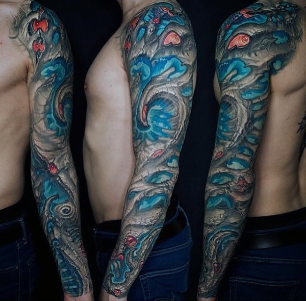 Blue And Grey Ink Guys Unique Sleeve Tattoo Ideas