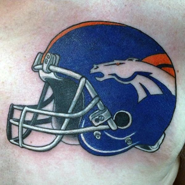 Blue And Orange Mens Nfl Denver Broncos Football Helmet Tattoos On Chest