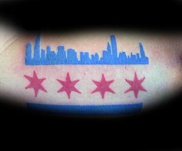 Blue And Red Ink Male Chicago Flag Tattoo On Biceps