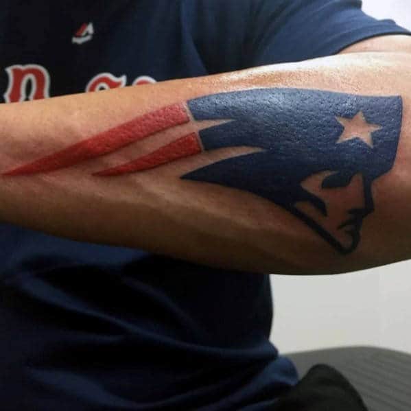 Blue And Red Ink New England Patriots Forearm Tattoo Ideas For Guys