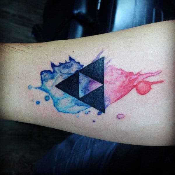 Blue And Red Ink Watercolor Male Triforce Zelda Forearm Tatoos