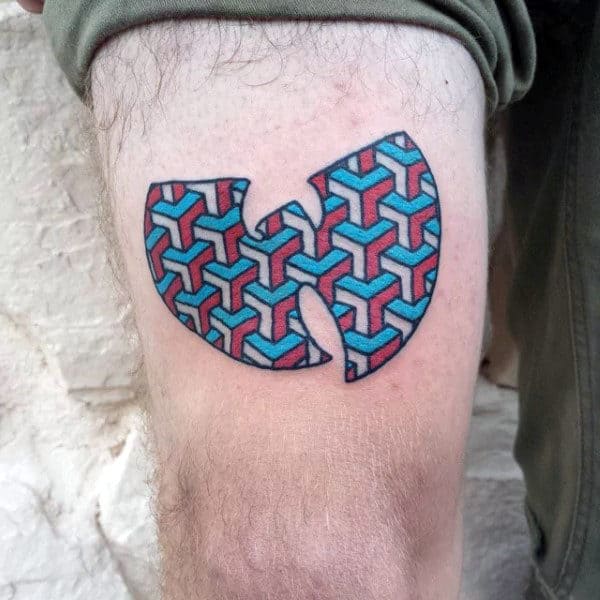 Blue And Red Wu Tang Guys Symbol Thigh Tattoos