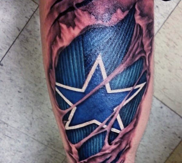 Blue And White Ink Dallas Cowboys Torn Skin Mens Start Tattoo On Leg