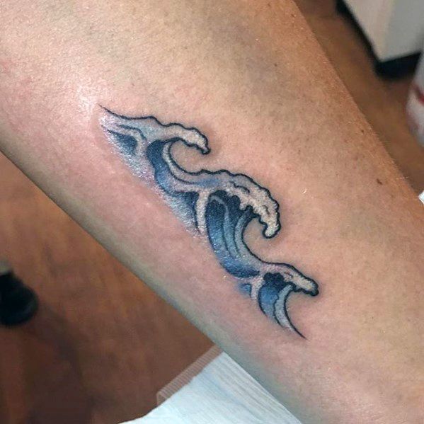 Blue And White Ink Guys Forearm Small Ocean Tattoo