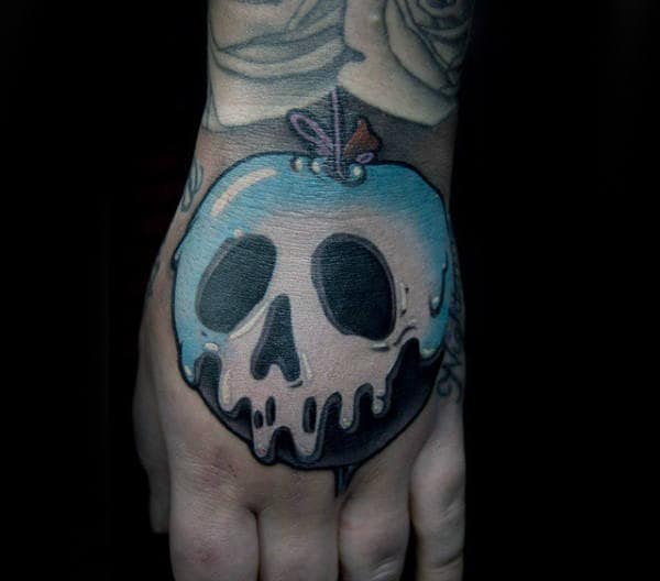 Blue And White Ink Poison Apple Skull Mens Hand Tattoos