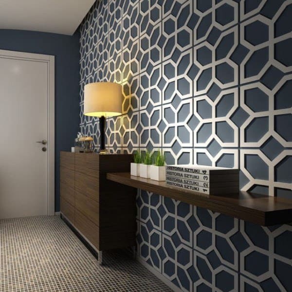 blue and white pattern geometric wainscoting for hallway