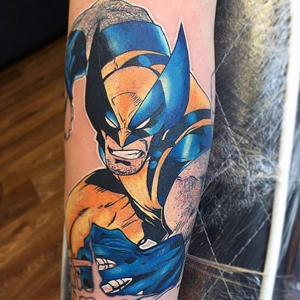 Blue And Yellow Ink Male Wolverine Forearm Tattoos