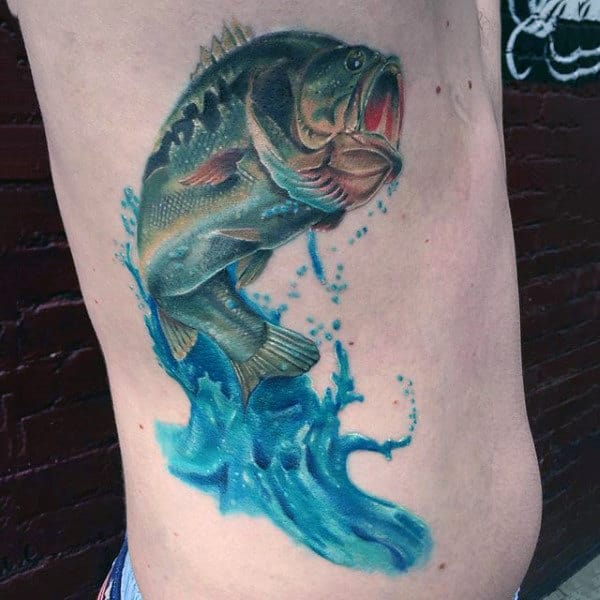 Blue Artistic Bass Tattoo On Mans Ribcage