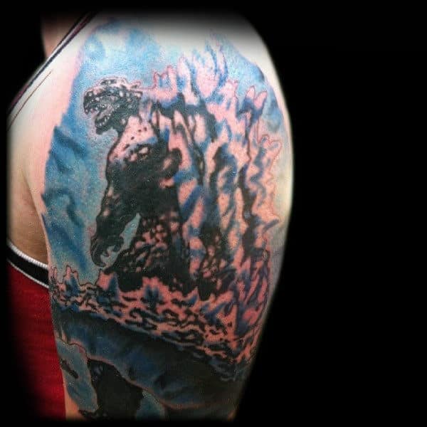 Blue Artistic Sleeve Tattoo For Men Of Godzilla And Water