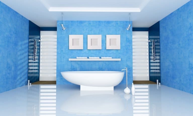 blue bathroom white tub