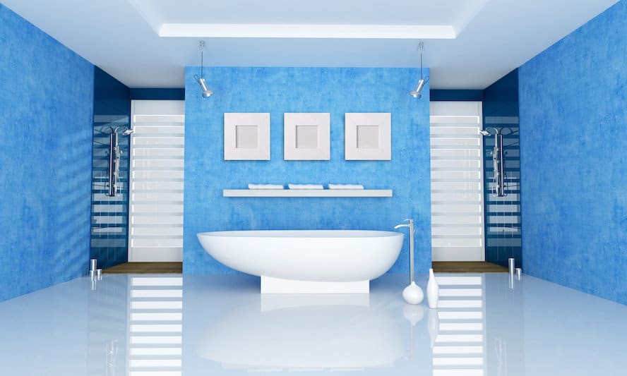 blue bathroom white tub