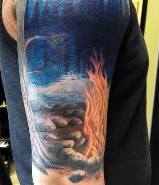 Blue Campfire Tattoos Of Flames For Men