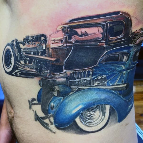 Blue Car Parts Hot Rod Tattoo Guys Rib Cage Side Of Body