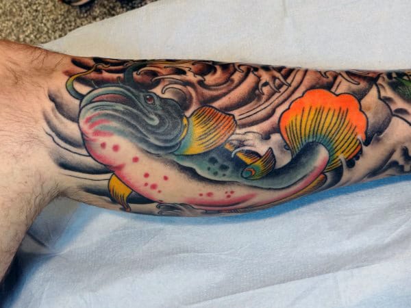 Blue Catfish With Colorful Fins Mens Half Sleeve Tattoos