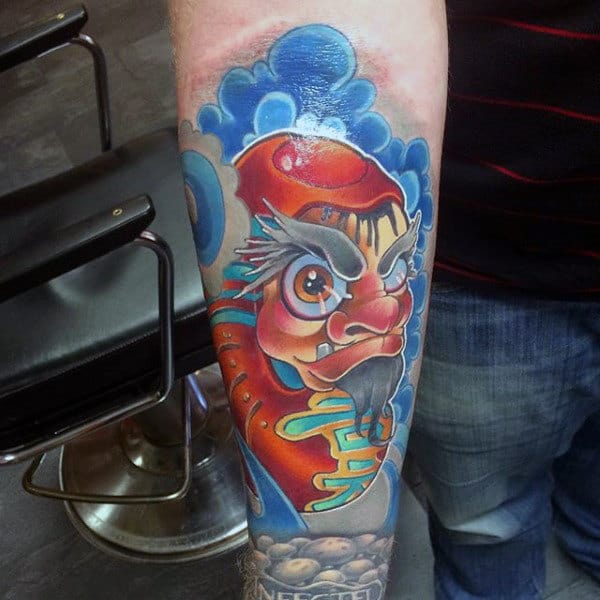 Blue Clouds Daruma Doll Mens Inner Forearm Sleeve Tattoo
