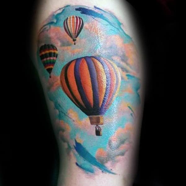 Blue Clouds With Hot Air Balloons Mens Arm Tattoo Design Ideas