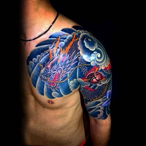 Blue clouds with Japanese dragon men's half-sleeve and chest tattoo