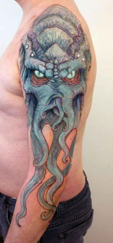 Blue Cthulhu With Glowing Eyes Mens Full Arm Tattoos
