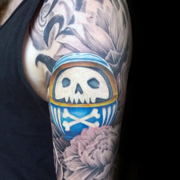 Blue Daruma Doll With Skull And Cross Bones Mens Arm Tattoos