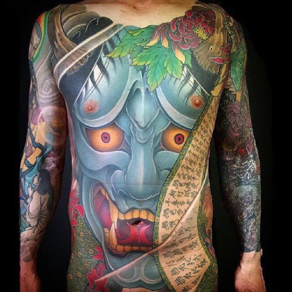 Blue Demon Mask Oni Mens Japanese Chest Tattoos