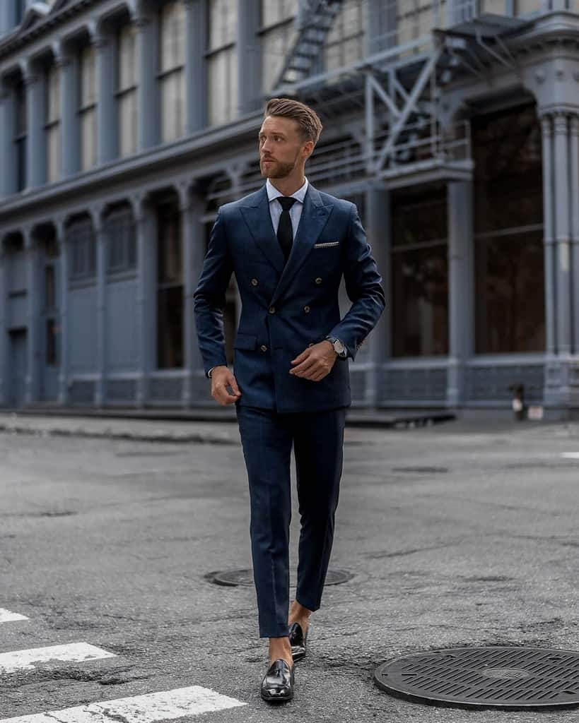 Blue Double Breasted Men Suit Outfit